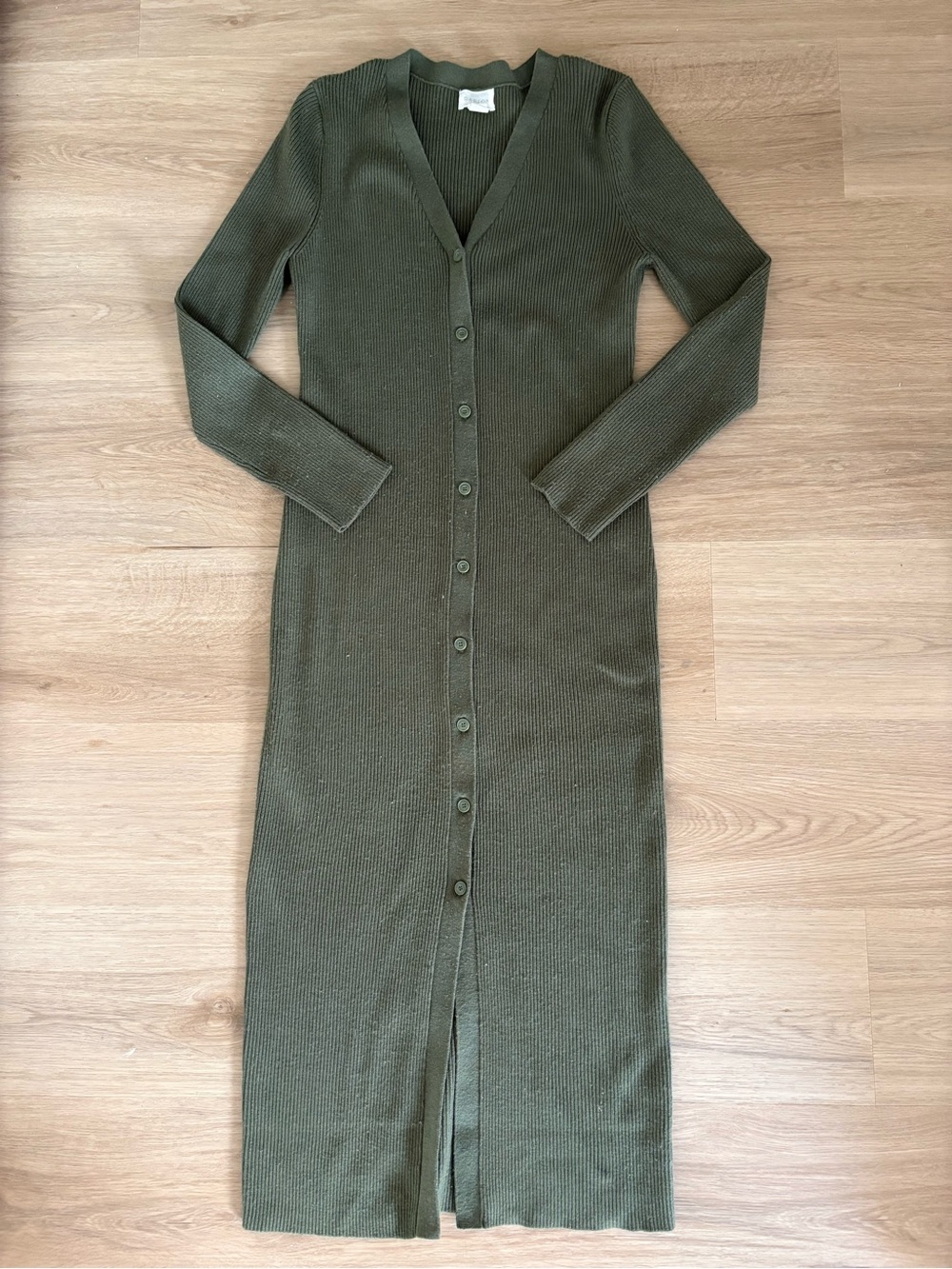 Olive Green Ribbed Button-Front Midi Dress